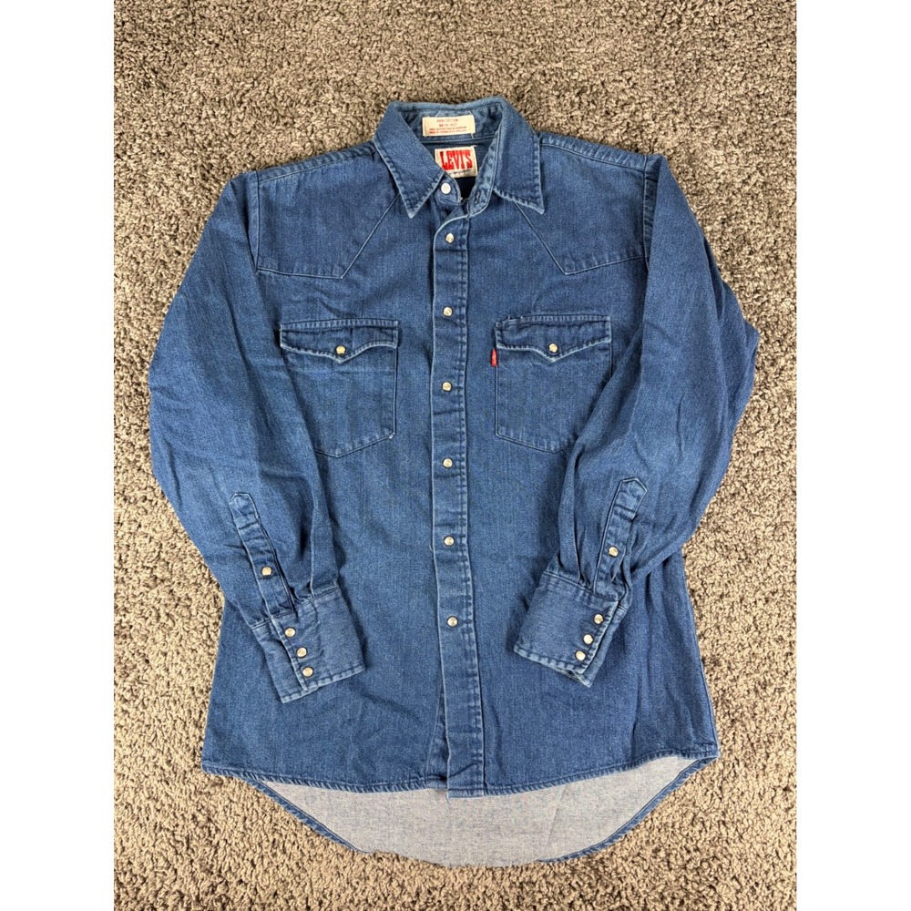Vintage Levis The Cowboy Tailor Denim Western Snap Shirt Medium Blue Cotton